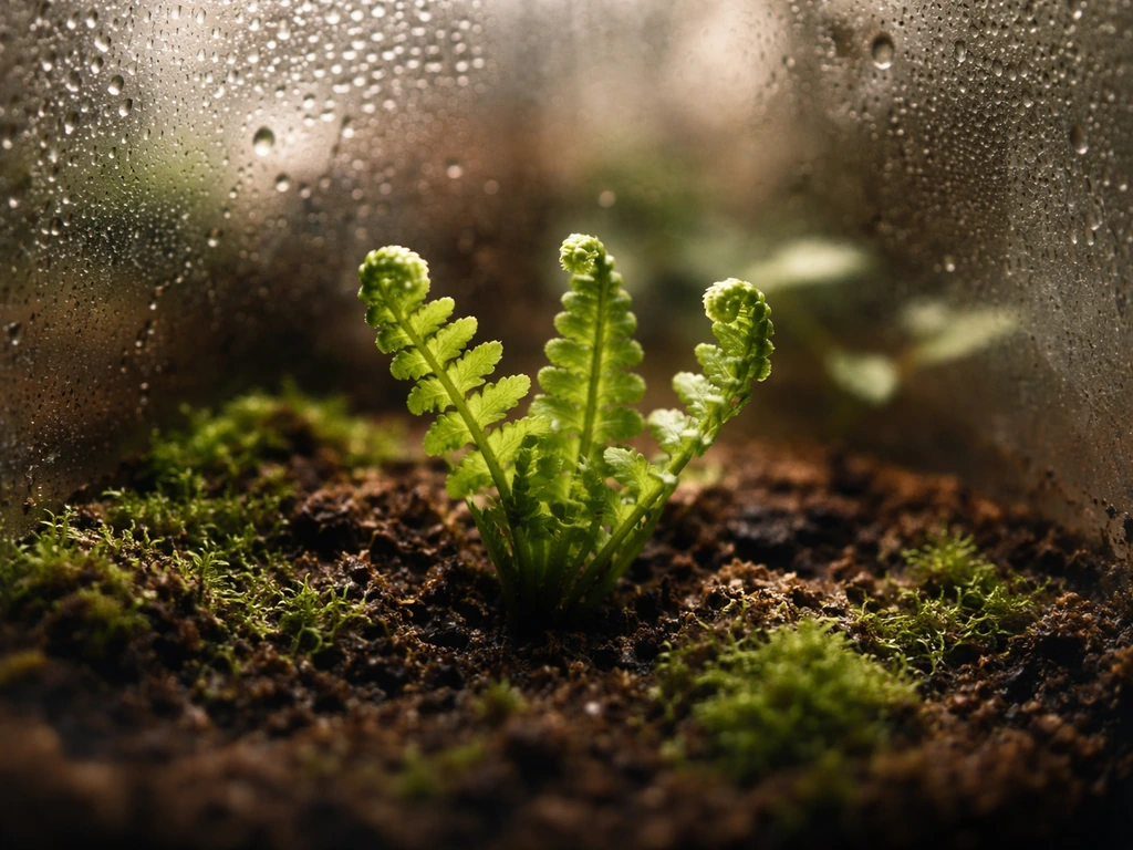 Close-up of a small fern rosette with unfolding fronds inside a humid closed terrarium