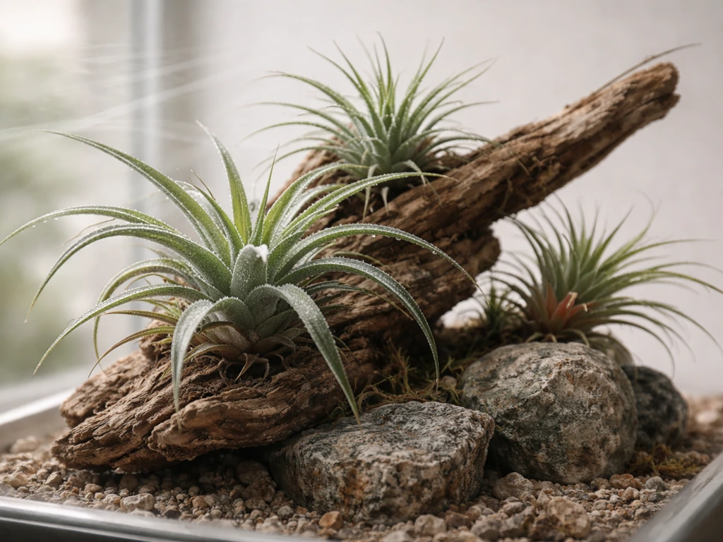 Air plants mounted on wood and rock in an open terrarium, showing subtle wetting and drying context.