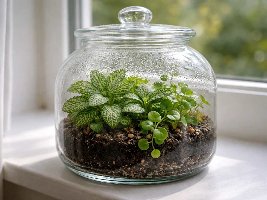 Thriving small terrarium with fittonia-like lush leaves in bright indirect window light