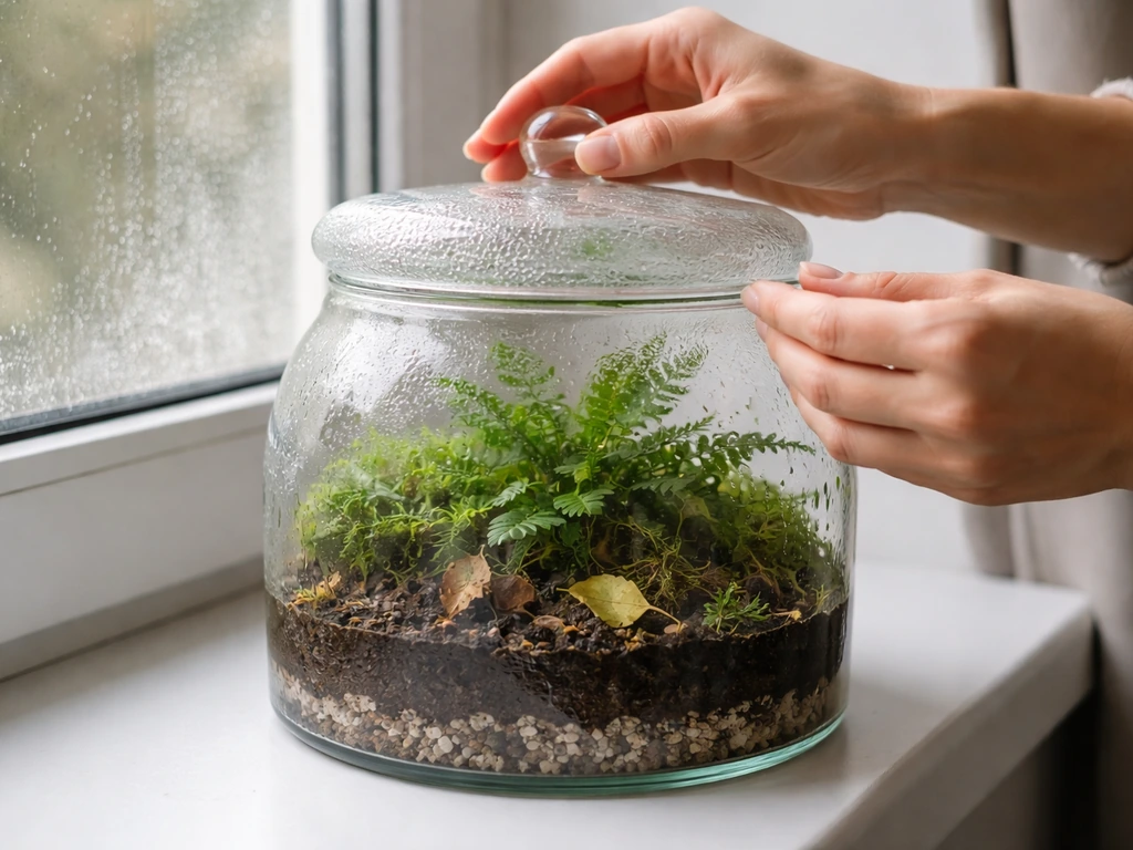 Closed glass terrarium with heavy condensation; hands lift the lid to reduce excess moisture and fix overwatering.