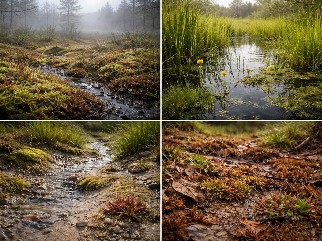 Four-panel photo collage of bog, fen wetland, sand seep, and acidic ground habitats with carnivorous plants