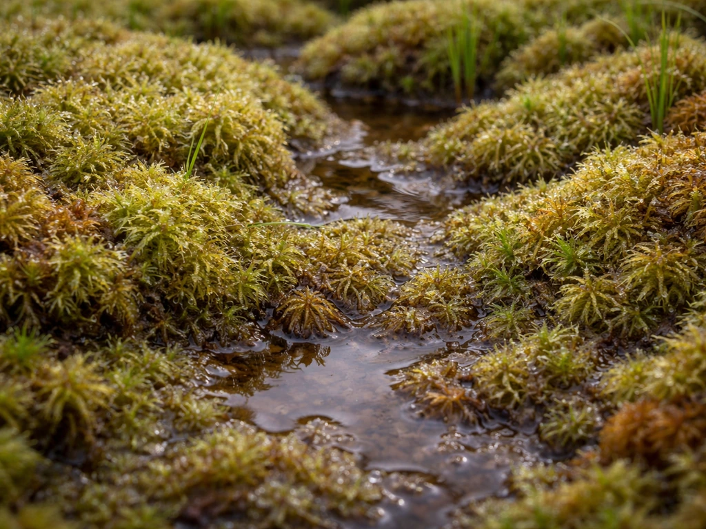 Close-up of a waterlogged bog with dense Sphagnum moss, showing acidic habitat for insectivorous plants.