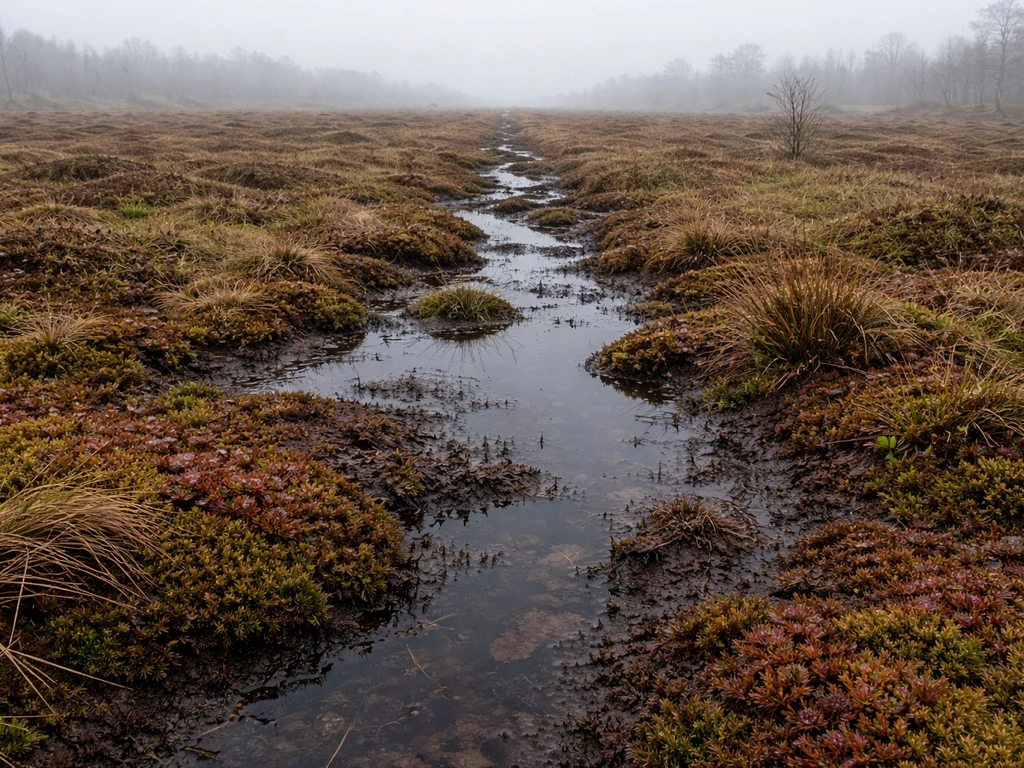 Waterlogged blanket bog with shallow pools and low sundew-like plants among wet peat