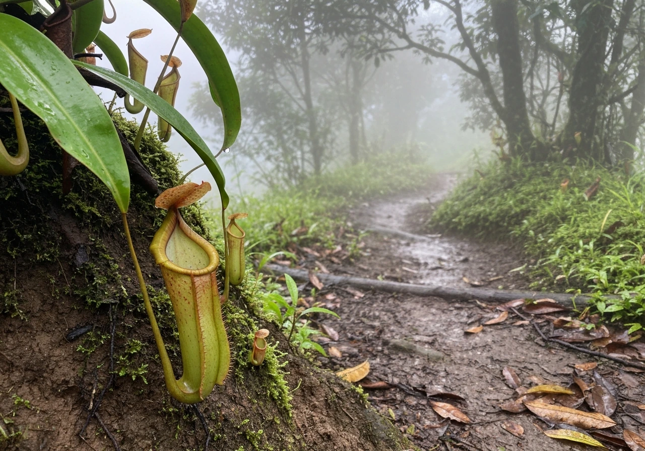 Nepenthes pitcher plants growing in a misty tropical forest edge with wet moss and leaf litter.