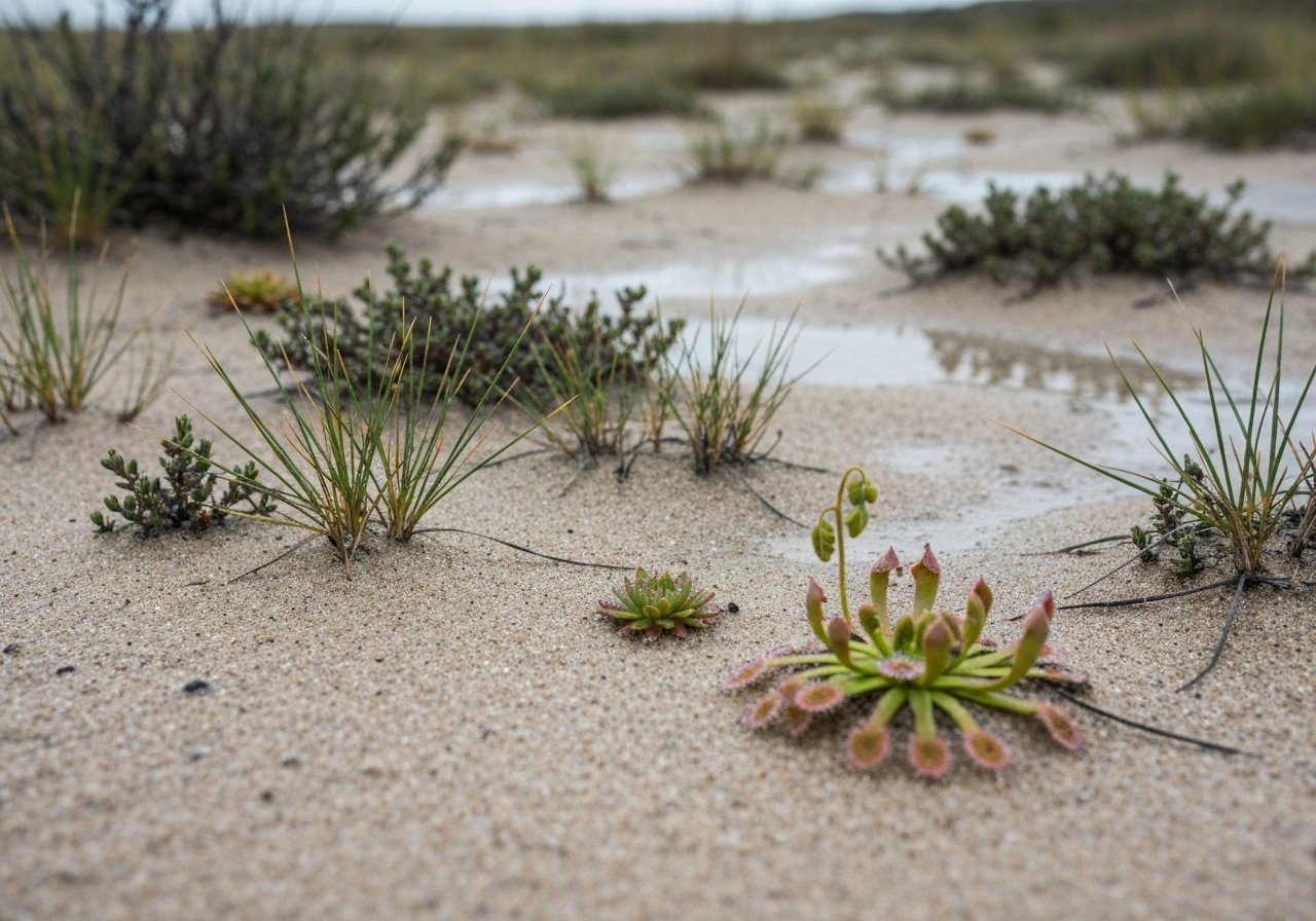 Dewy carnivorous plants in pale sandy fynbos soil with small low vegetation on seasonally wet ground.