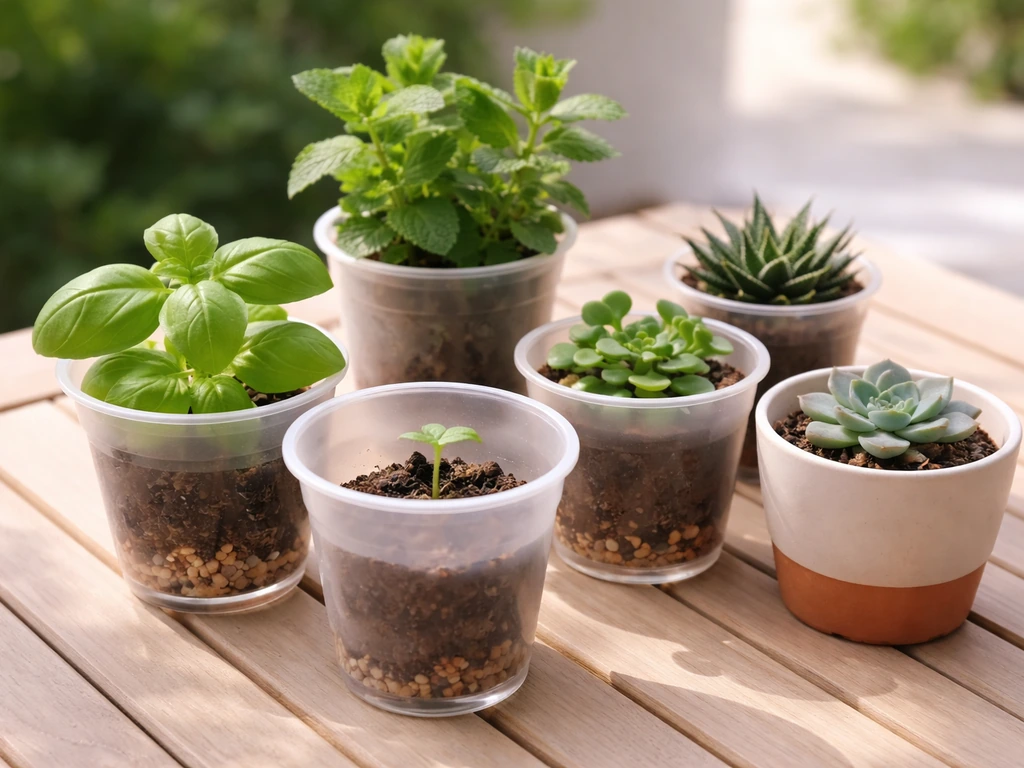 Assorted small cup-grown plants in a simple outdoor setting, showing compact greenery variety