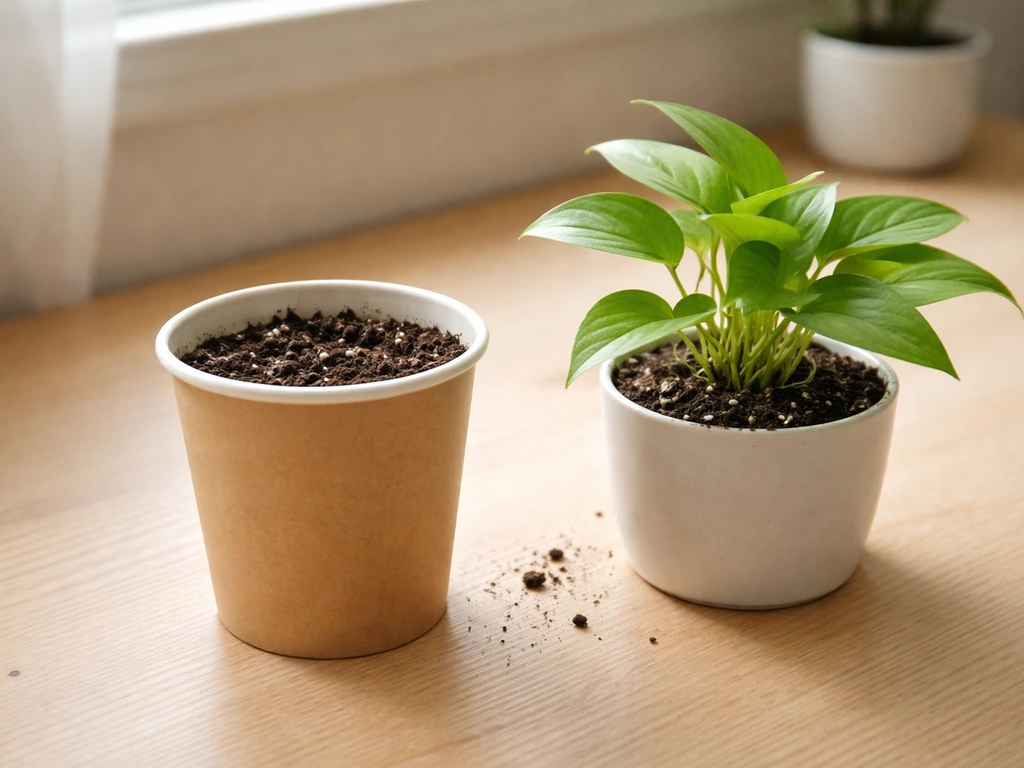 Small potted plant beside a paper cup with shallow soil depth for a rooting-depth check.