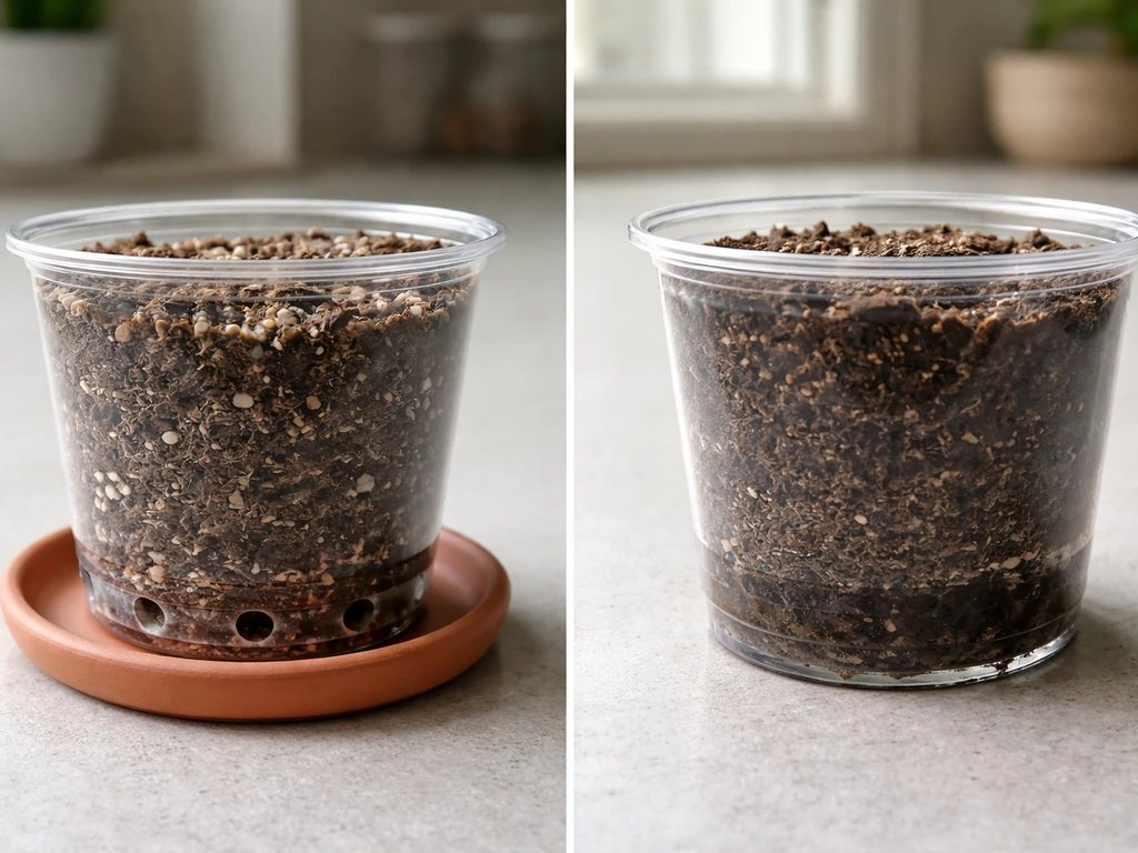Two small cups with potting mix—one with drainage holes and one without—showing proper vs improper drainage.