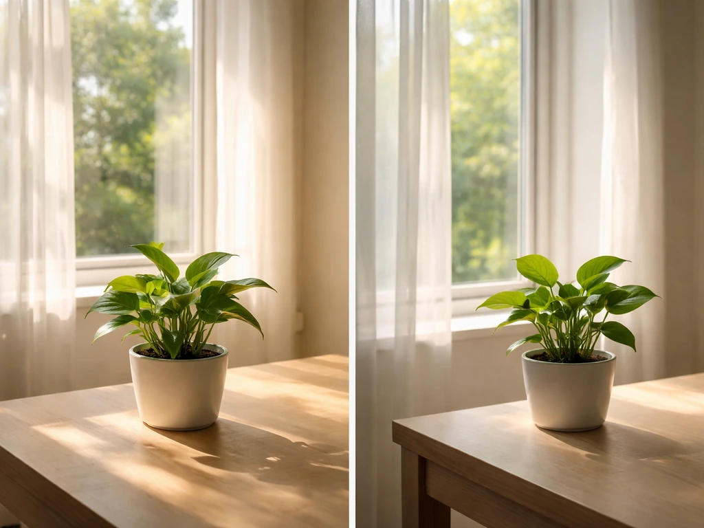 Two potted cup plants placed by different windows showing stronger south light vs gentler east light.