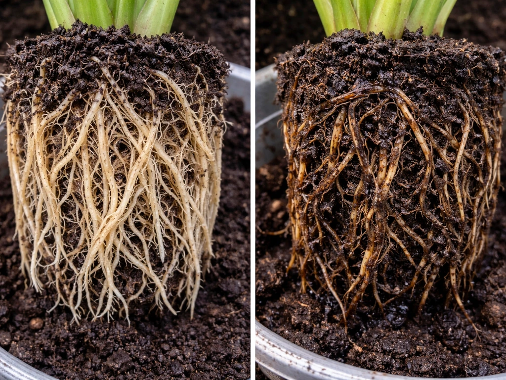 Close-up of plant roots in a split comparison: healthy white roots vs rotted brown soft roots