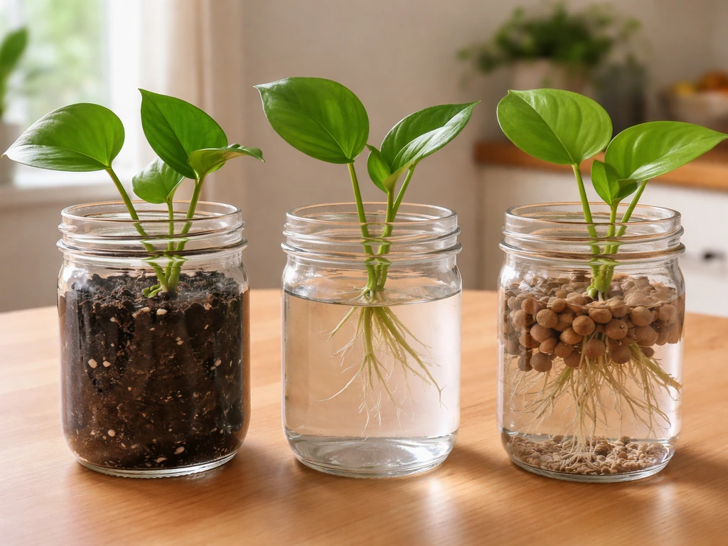 Three plant cuttings in separate clear containers, showing soil, plain water, and no-soil setup.