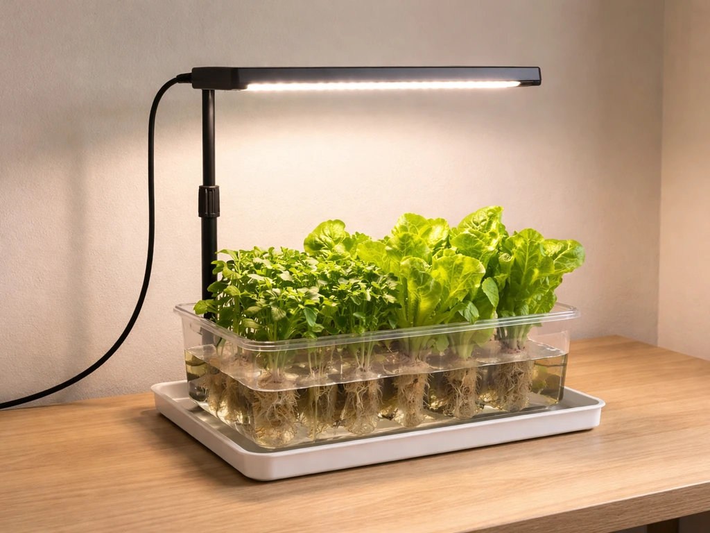 Small indoor grow station with lettuce and herbs under a compact light, showing a shallow drainage tray.