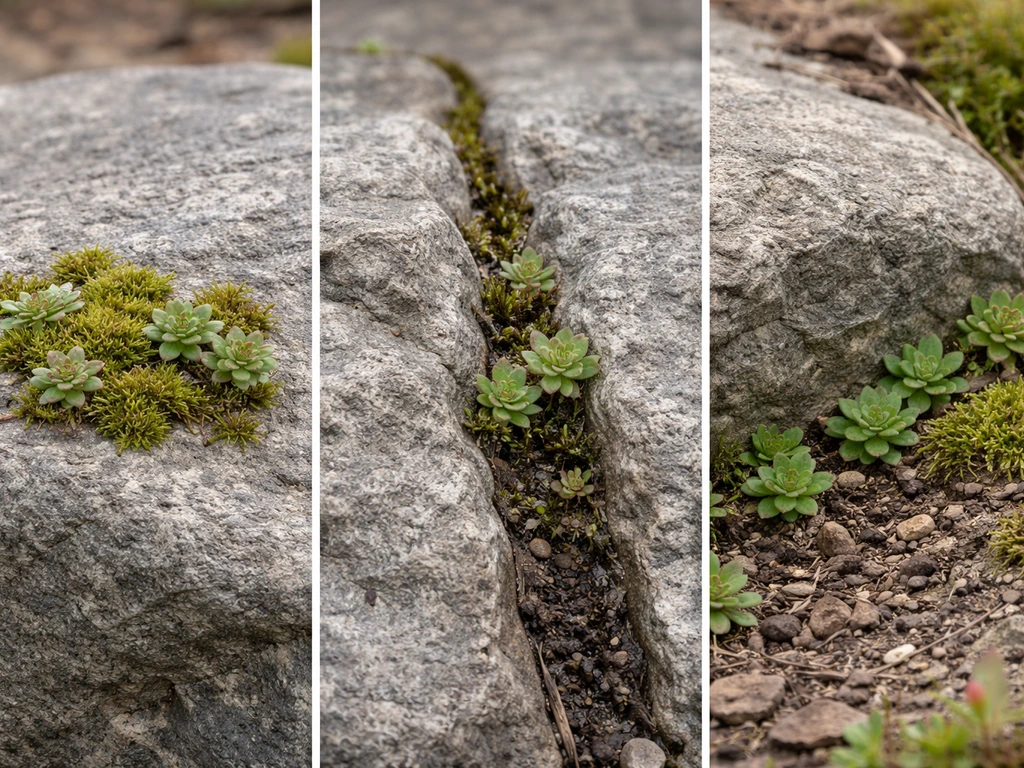 Three rocky patches showing plants: on the surface, in a crevice, and near a rock.