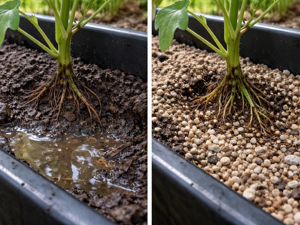 Left shows waterlogged soil with pooled water; right shows dry gritty mix with healthy roots and no standing water.
