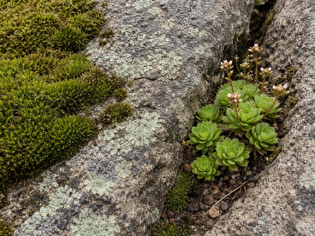 Left rock covered in green moss and lichen; right rock shows rooted rosette plants in crevices.