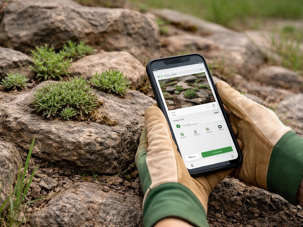 Gloved hands photographing rock-growing plants with a smartphone showing an observation page-style layout.