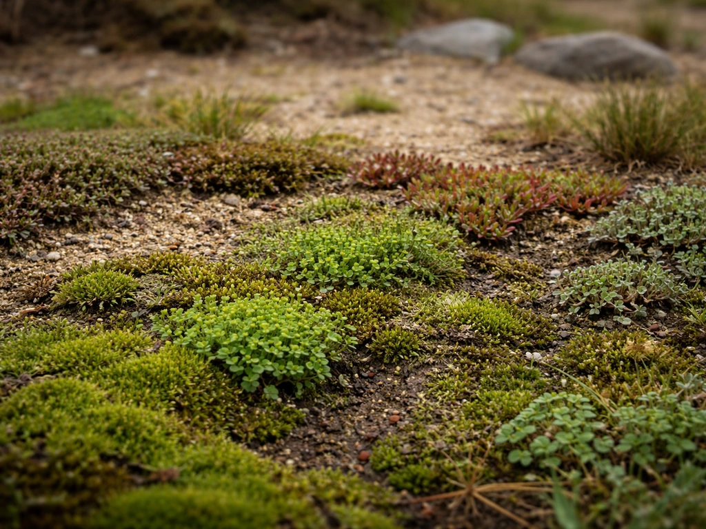 Ground-level view of moss and low creepers covering soil in mixed wet and dry patches.