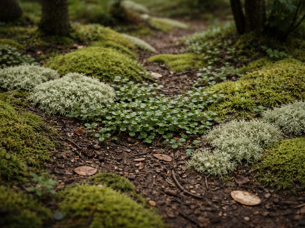 Close-up of damp forest floor with moss and low creeping greenery under trees