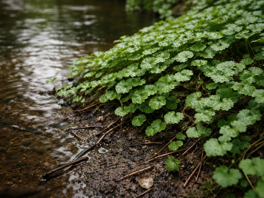 Ground ivy thriving at the edge of a shallow stream with wet soil and small ripples behind.