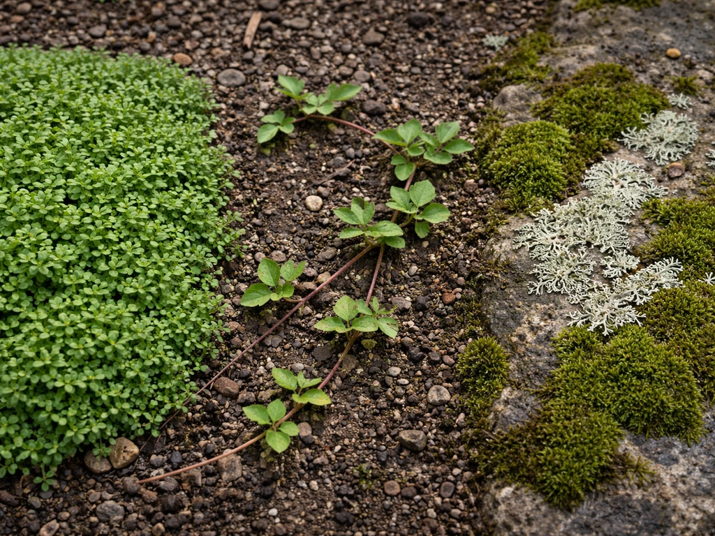 Side-by-side close ground patch showing dense low groundcover, trailing creeping vine, and moss/lichen textures.