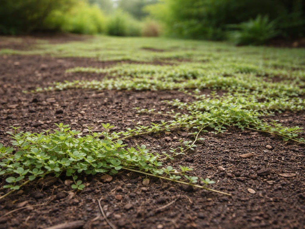 Lush horizontal groundcover carpeting soil with mat-forming runner growth visible