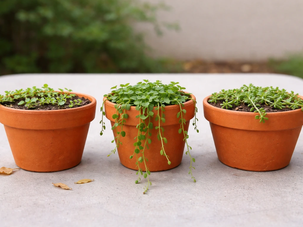 Three potted plants showing creeping, trailing, and procumbent growth forms on a simple table
