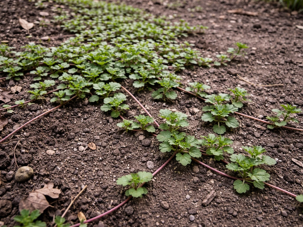 Creeping ground ivy runners rooting in disturbed soil, forming an evergreen mat.