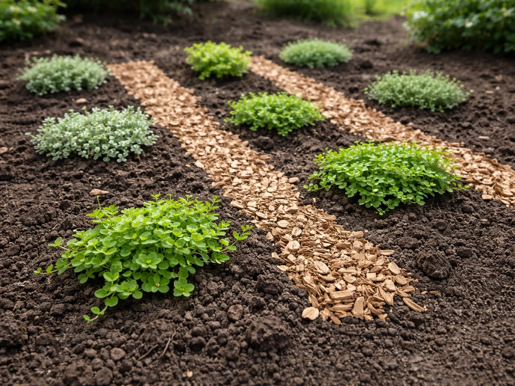 Groundcover planted with clear spacing and a visible 2-inch mulch layer between patches.