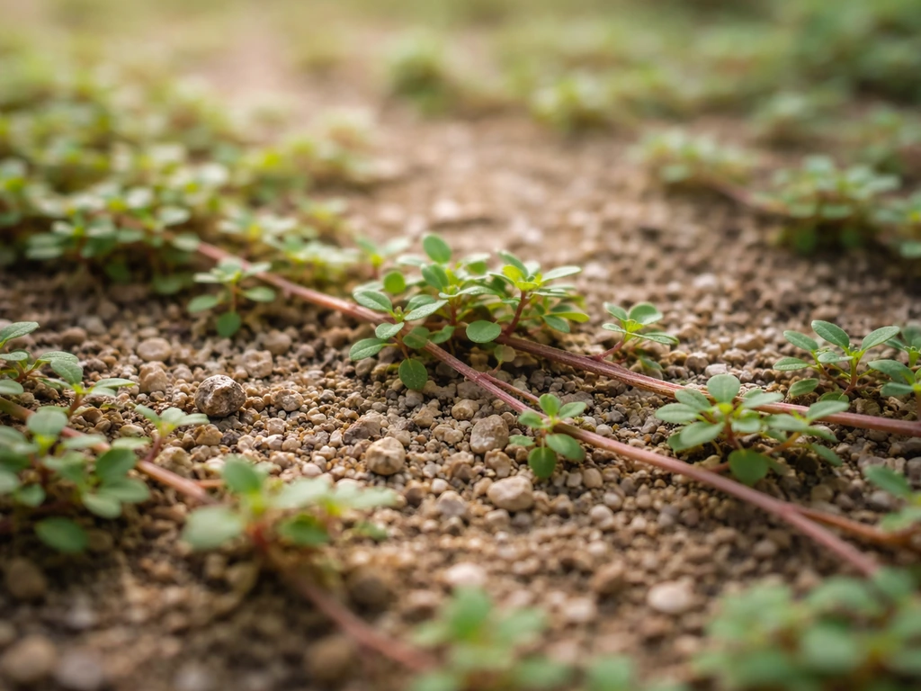 Bottom-up close-up of creeping ground plants with stems lying near the soil