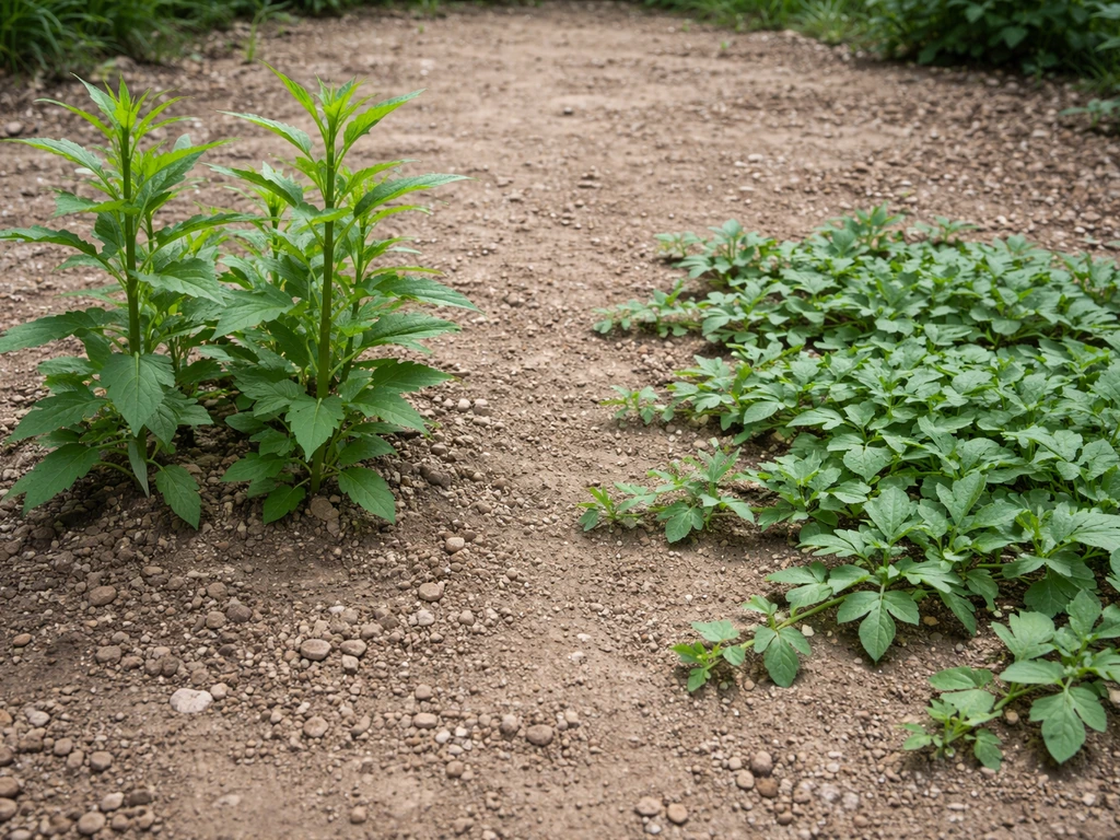 Field view comparing upright plants with vertically growing stems and prostrate plants with stems on the ground.