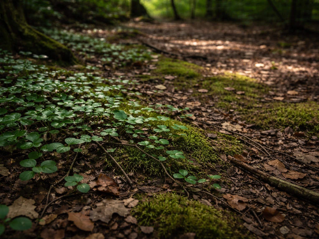 Shaded forest floor with low-growing groundcovers thriving under dappled light and sparse understory nearby.