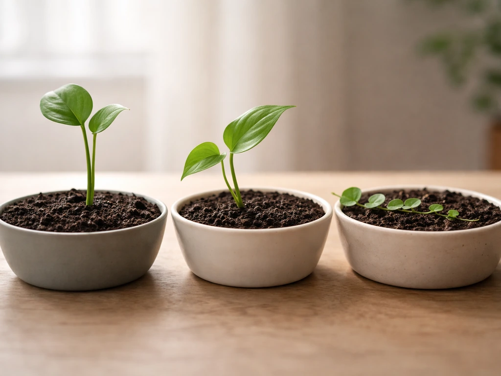 Minimal tabletop scene with small plant cuttings arranged to suggest upright, ascending, and creeping growth directions.