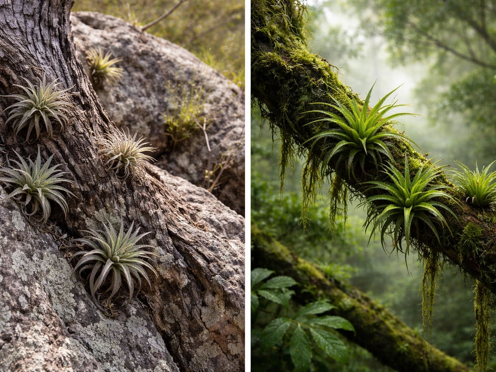 Side-by-side wild air plants: xeric on dry rocky bark vs mesic on humid rainforest branch