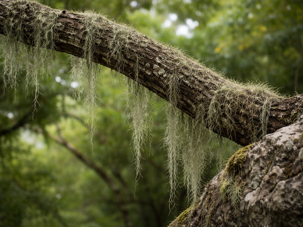 Spanish moss-like Tillandsia draping from a rough tree branch with a rocky outcrop softly blurred behind.