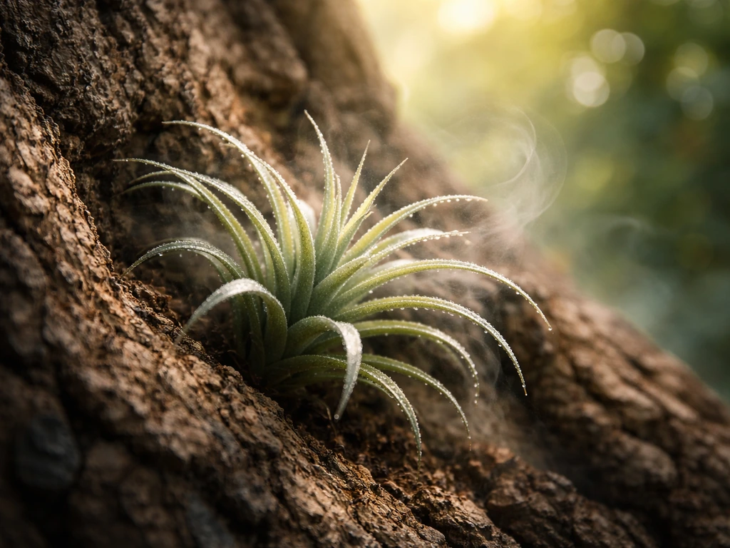 Air plant on tree bark in dappled sunlight with subtle mist and dry, breathable airflow.
