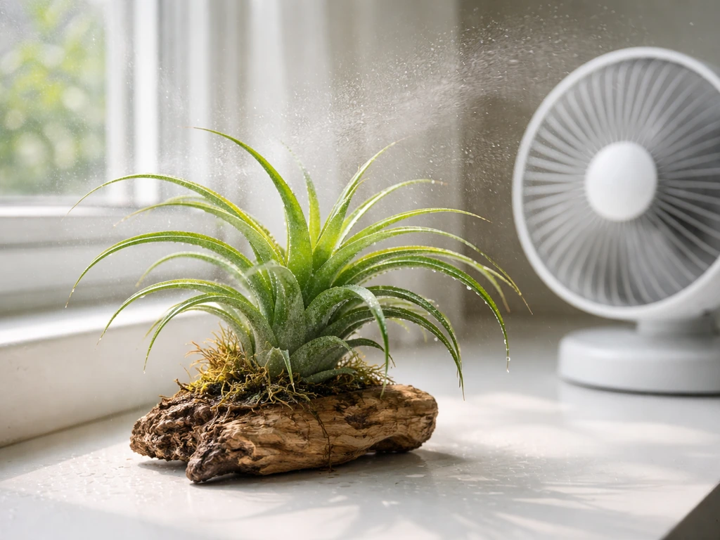 Air plant on a windowsill with sheer light, near a small fan and misted water droplets.