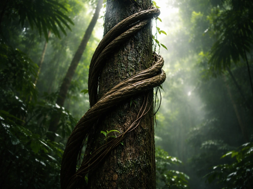 A thick liana climbs a rainforest tree toward bright canopy light.