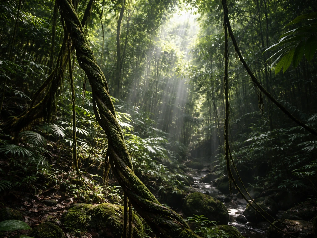 Tropical rainforest canopy with lianas reaching toward sunlit gaps through deep shade.