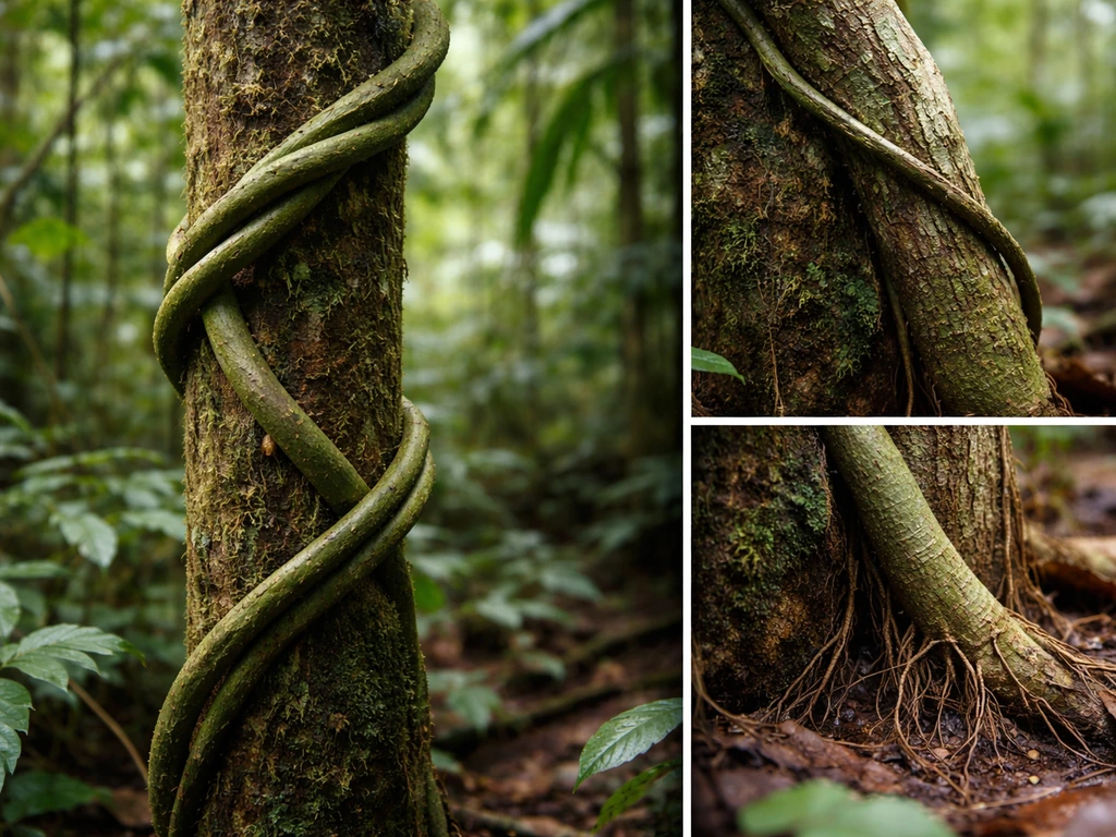 Close-up of a tropical liana stem being traced down to its rooting point on a tree in rainforest understory