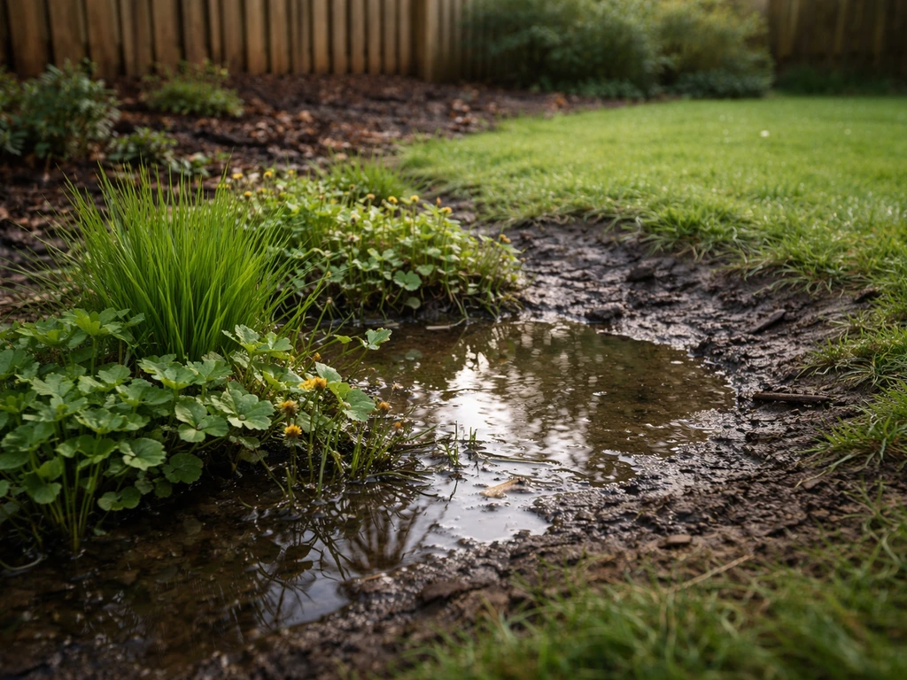 Soggy backyard low spot with shallow standing water and thriving wet-soil plants at the edge.