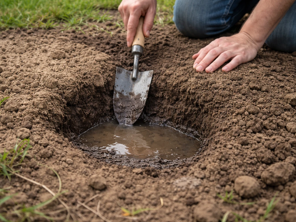 Hands digging a shallow hole showing saturated soil and standing water after rain in a garden bed.