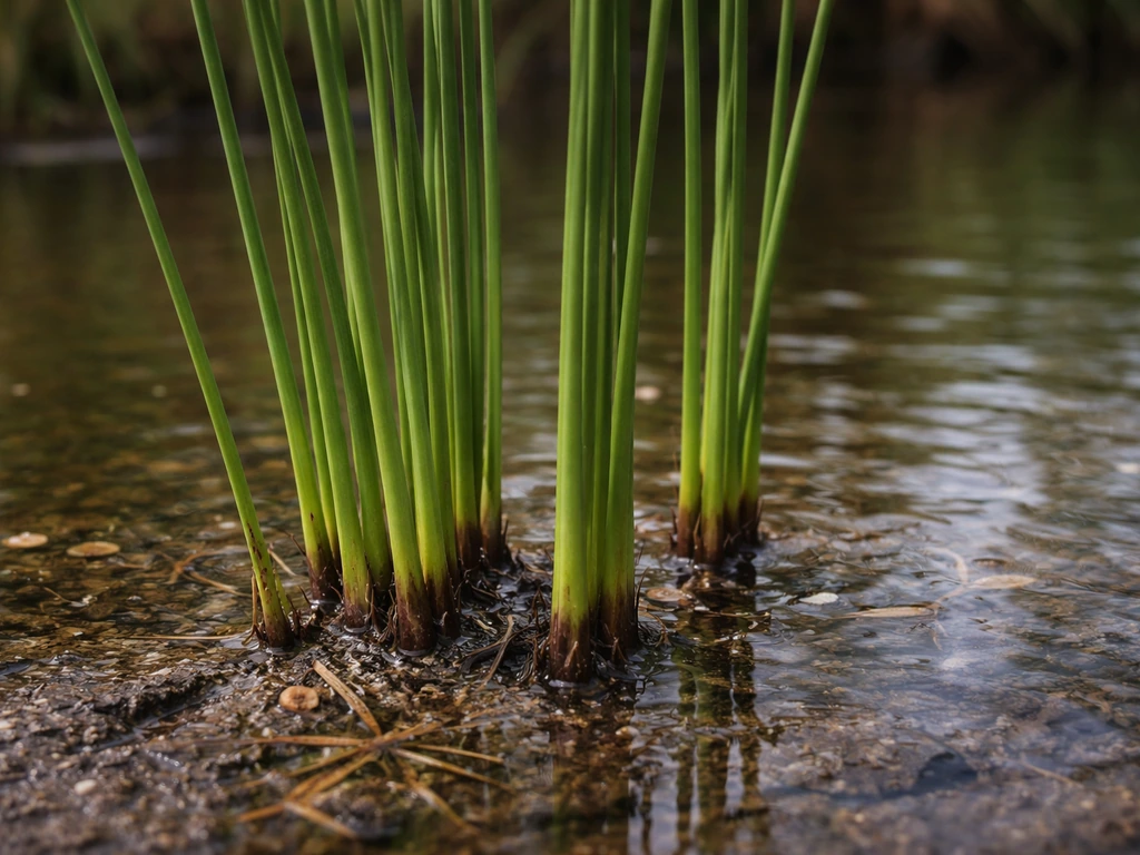 Close-up of soft rush (Juncus effusus) dark green stems growing in shallow pond water at a wet edge
