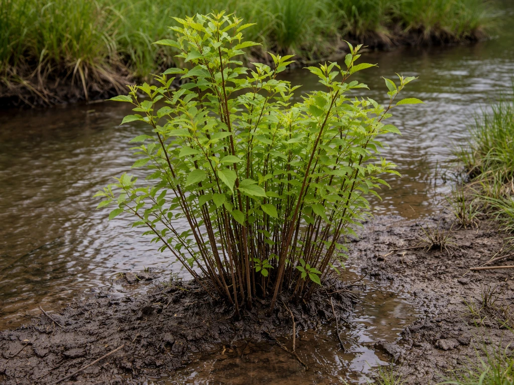 Red-osier dogwood shrub growing in muddy wet clay near a small stream edge
