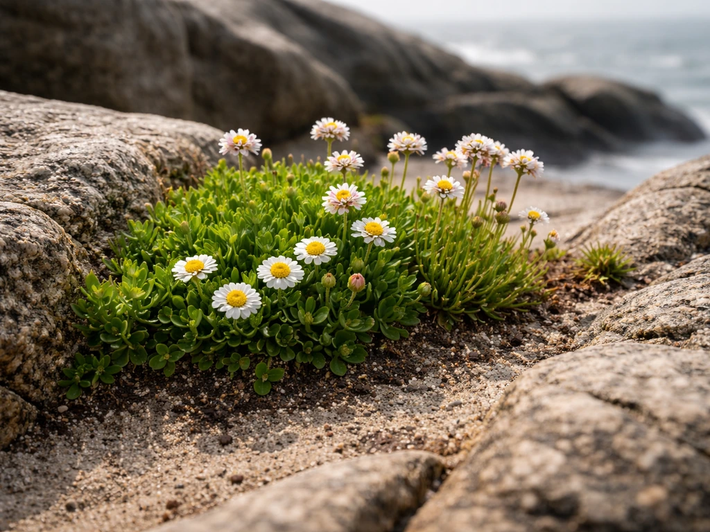 Close-up of endemic plants thriving on a small rocky island shore with limited habitat