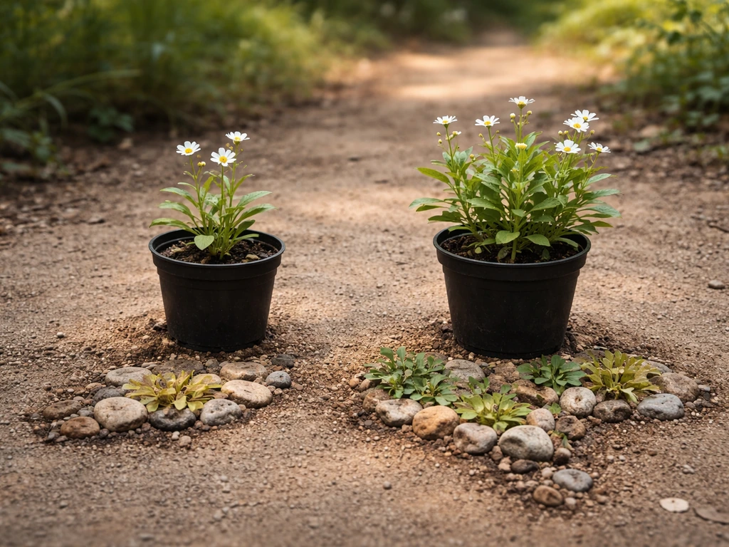 Two potted wild plants on soil with compact vs wide natural habitat silhouettes beneath them.