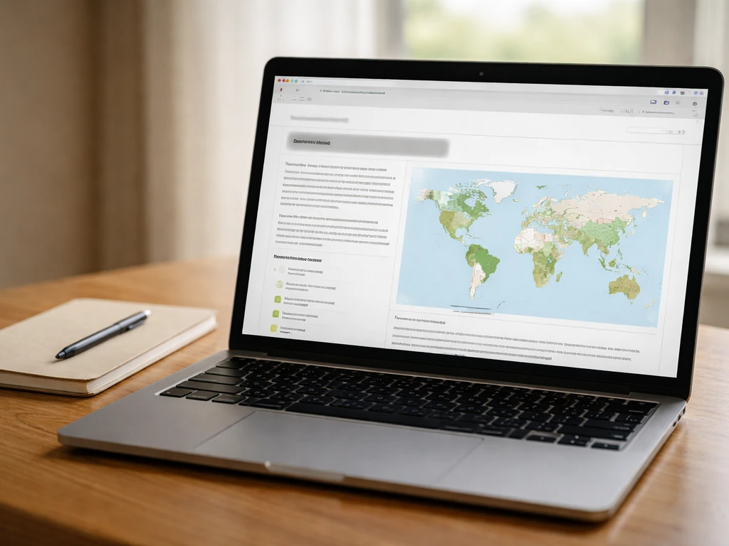 Laptop screen showing POWO Kew Science page with a native range map and distribution details.