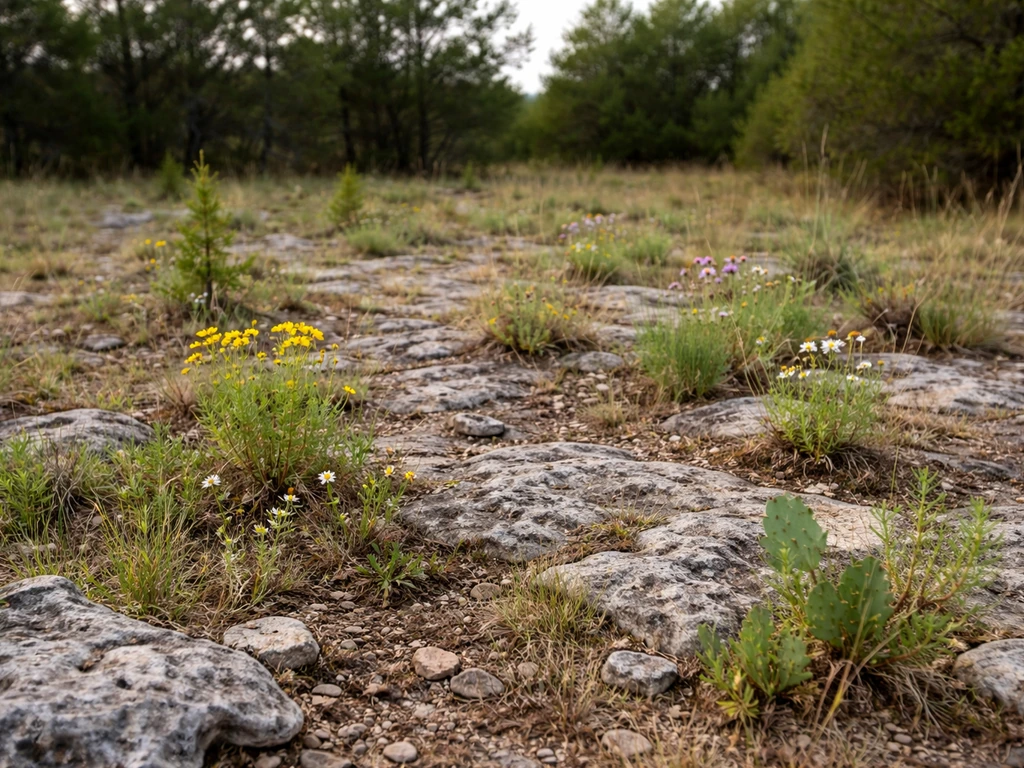 Cedar glade habitat close-up with small endemic plants growing on limestone bedrock.