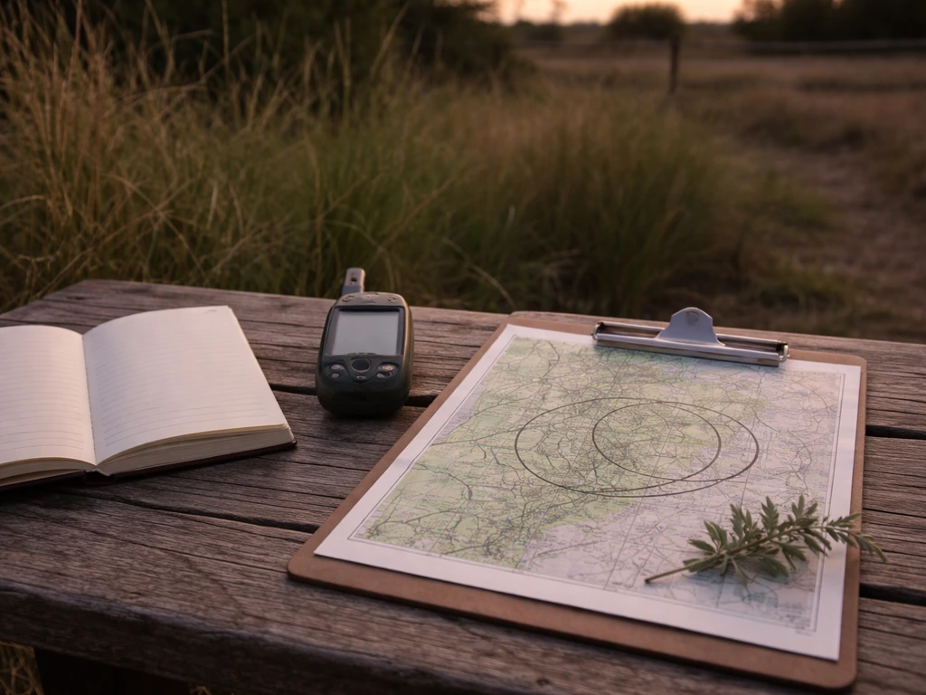 A small table with a field notebook and a simple topographic map showing a widening plant range area