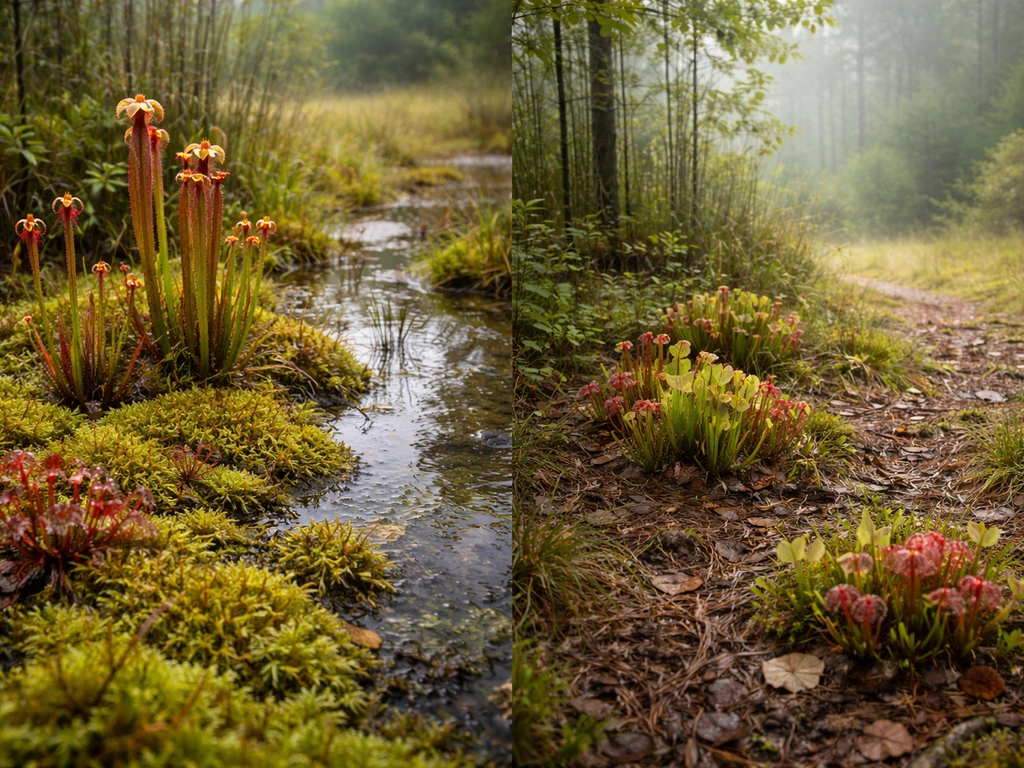 Carnivorous plants growing in a wet bog and a forest edge, showing two natural habitat types.