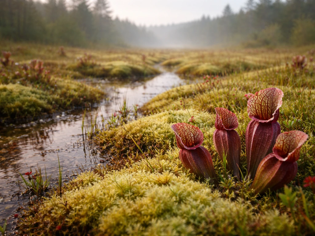 Saturated Sphagnum bog with pitcher plants emerging from mossy, tea-brown shallow water